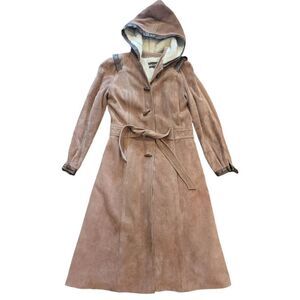 Vintage Coat Women's XS Tan 1970s Long Suede Leather Belted Hooded Faux Fur